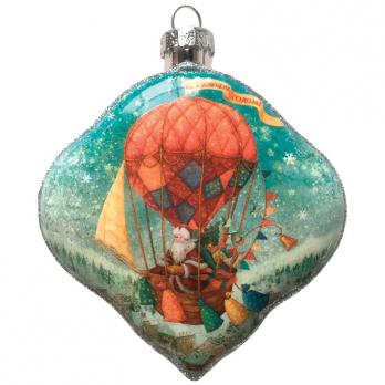 Елочное украшение стекло Феникс Презент "Доставка подарков на воздушном шаре" 9х8х2см  78352