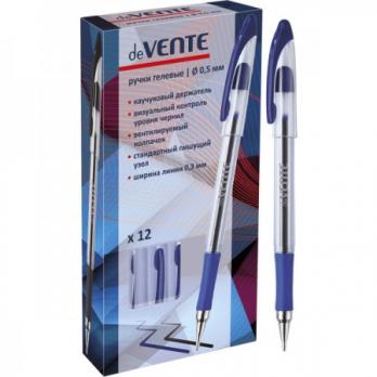 Ручка гелевая синяя deVente 0,5мм, рез.упор, прозрачный корпус  5051330