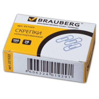 Скрепки 28мм Brauberg 100шт, никелированные, картонная коробка  221523